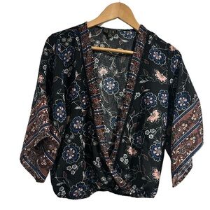 OLM shirt faux wrap deep V medium wide sleeve boho top